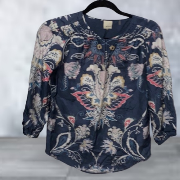 Ecru 100% Silk boho print blouse size XS - Picture 1 of 7